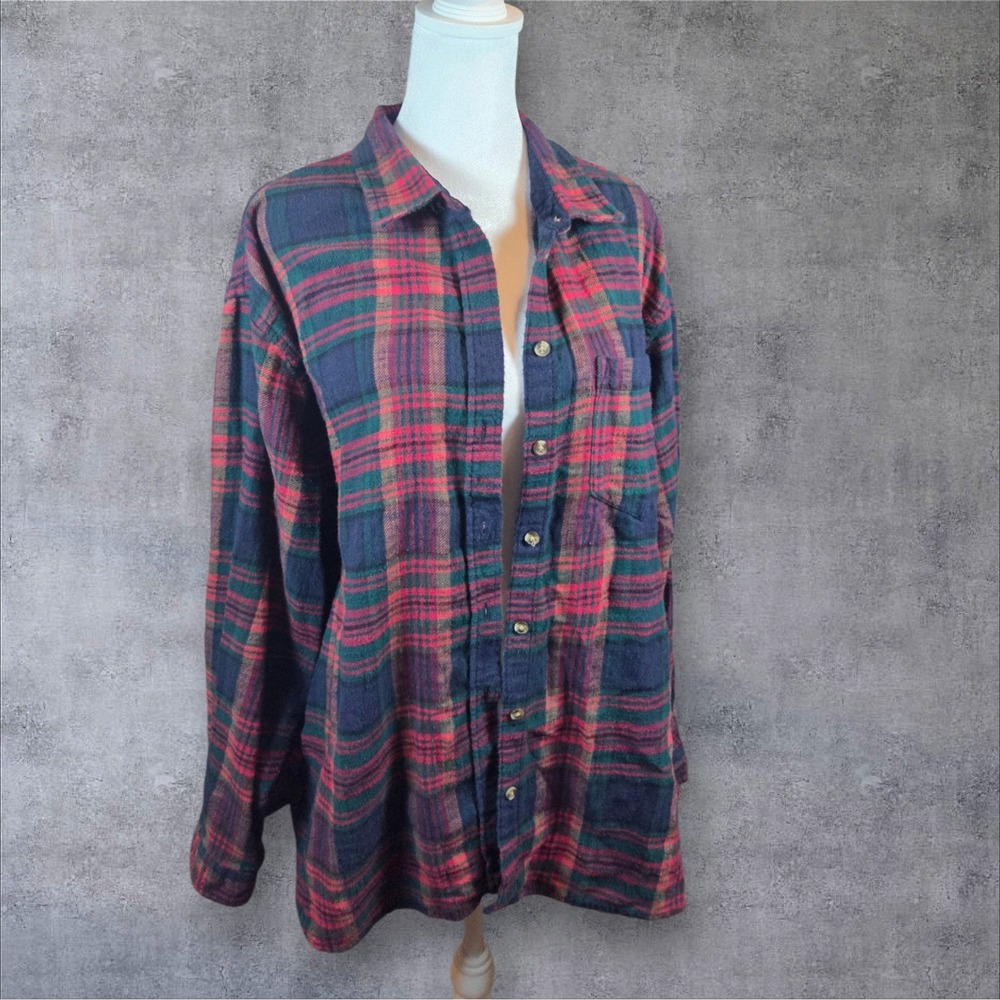 American Eagle Mens Large Plaid Flannel Shirt Navy Blue Green Red Button Down